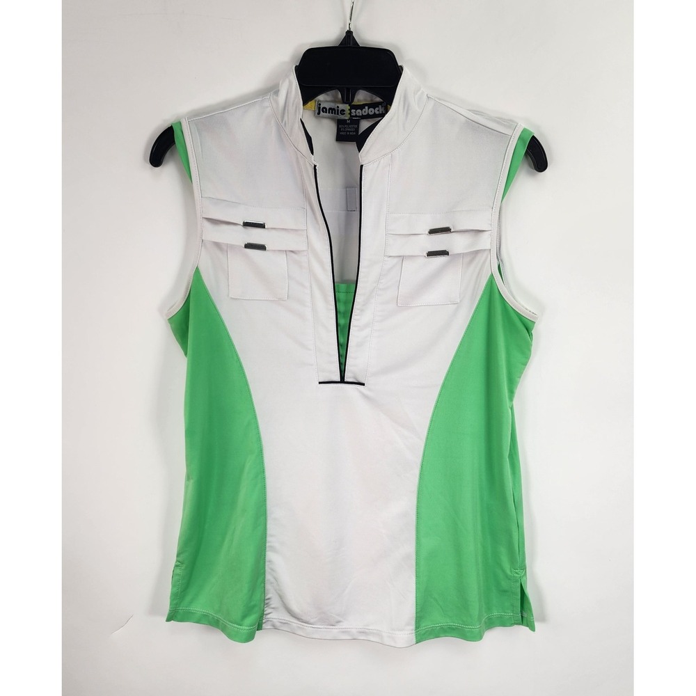 Jamie Sadock Golf Top Women's M Sleeveless Green White Pockets Stretch Active
